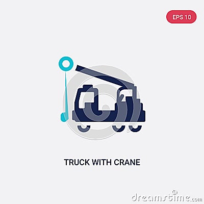 Two color truck with crane vector icon from construction concept. isolated blue truck with crane vector sign symbol can be use for Vector Illustration