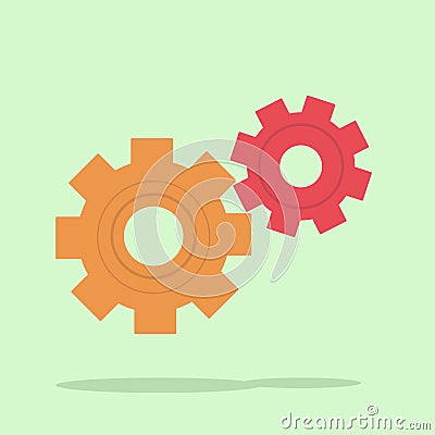 Two colored gears on a uniform green background. Vector Illustration