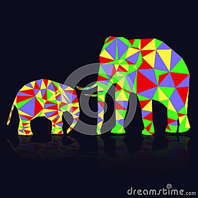 Two colorful abstract elephants from triangles Vector Illustration