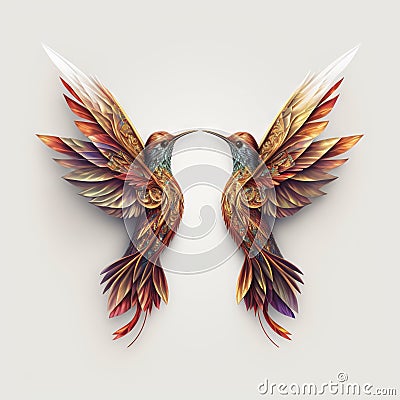 two colorful birds with wings spread out to each other, facing each other, with one bird facing the other with its wings spread Stock Photo