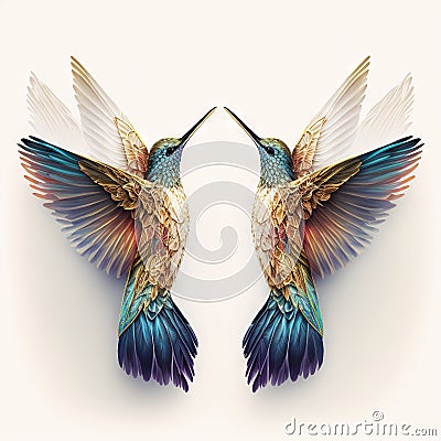 two colorful birds with wings spread out to each other, facing each other, with one bird facing the other way, with wings spread Stock Photo