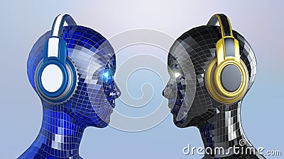 Two colorful disco girl-robot heads with shining eyes in big headphones facing each other, Stock Photo