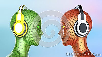 Two colorful disco girl-robot heads with shining eyes in big headphones facing each other, Stock Photo