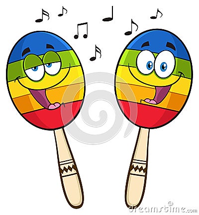 Two Colorful Mexican Maracas Cartoon Mascot Characters Singing. Vector Illustration