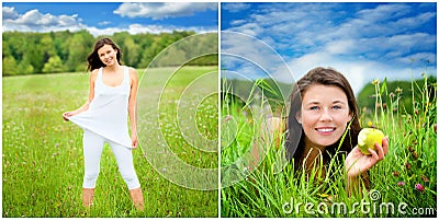 Two colorful outdoor portraits of a sporty young woman Stock Photo