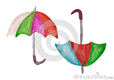 Two colorful watercolor umbrellas, isolated on white background Stock Photo