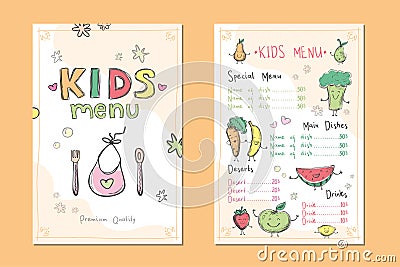 Two colourful cards, template for children menu. Hand drawn fruits, vegetables with funny faces. Name of dishes and prices. Baby Vector Illustration