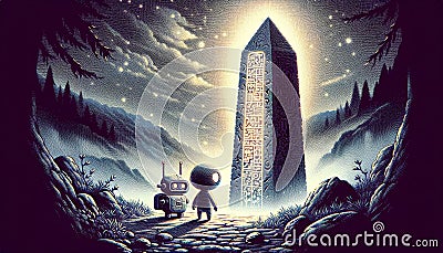 Alien and Robot Encountering Ancient Obelisk at Night Stock Photo