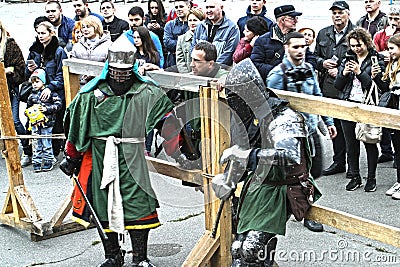 Two competitors of knight tournament waiting for fighting Editorial Stock Photo