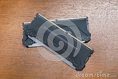 Two computer memory DDR4 with LED on the table Stock Photo