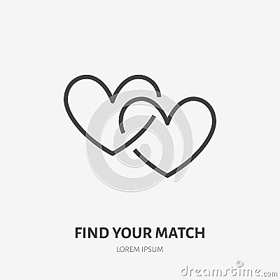 Two connected hearts flat line icon. Vector thin sign of love, dating site logo. Romantic date, valentines day Vector Illustration