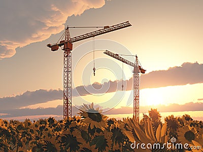 Two construction cranes in a landscape with sunflowers at sunset Cartoon Illustration