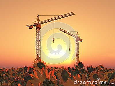 Two construction cranes in a landscape with sunflowers at sunset Cartoon Illustration