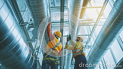 Two Construction Workers Inspecting Large Ventilation Ducts Stock Photo
