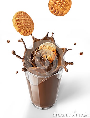 Two cookies biscuits falling into chocolate milkshake glass, for Stock Photo