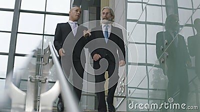 Two corporate executives talking while descending stairs Stock Photo