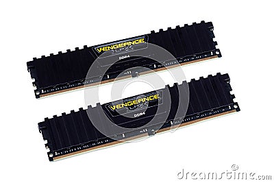Two Corsair Vengeance LPX DDR4 RAM sticks, modern high end dual channel modules computer memory, object isolated on white Editorial Stock Photo