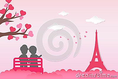 Two couples siting in a chair outdoors with love tree heart shape leaf, pointing at Eiffel tower. Couple lovers scenery in Paris. Vector Illustration