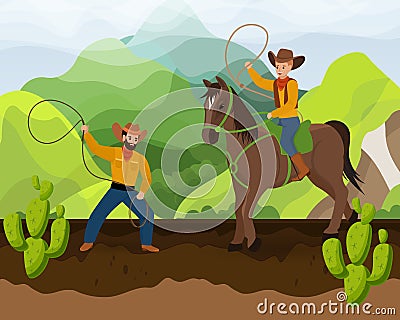 Two cowboys with horse on ranch of wild west vector illustration hand drawn. Men or father and son in hats with lasso. Vector Illustration