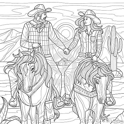 Two cowboys on horseback in desert .Coloring book antistress for children and adults Vector Illustration
