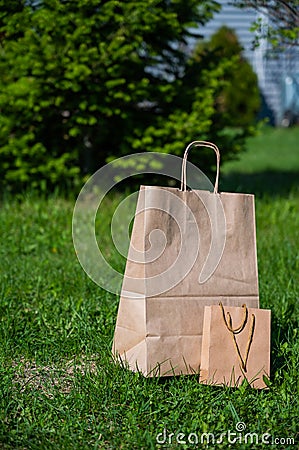 Two craft paper bags stand on a green lawn in a park. No people. Stock Photo