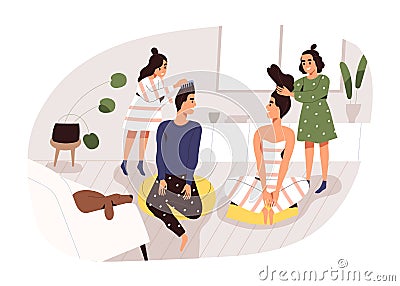 Two creative girl making hairstyle to parents having fun at home vector flat illustration. Mother and father playing to Vector Illustration