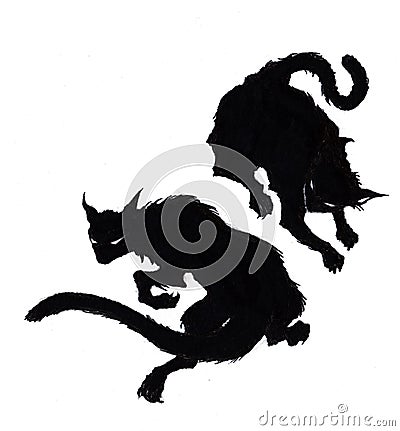 Two Creepy Halloween Black Cats in Silhouette Stock Photo