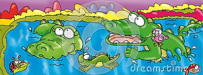 Two crocodiles in the pond with small bathe Cartoon Illustration