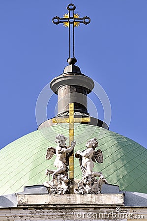 Two cross and angel on Saint Catherine basilicas in Saint Petersburg Stock Photo