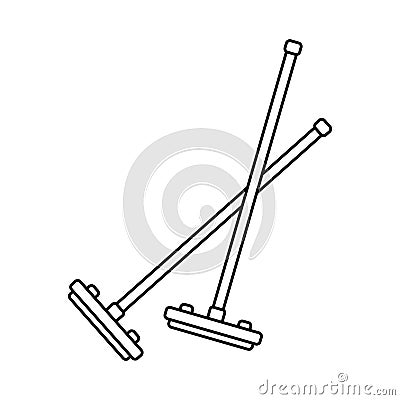 Two crossed brushes icon. Linear logo of long stick with rectangular header. Black illustration of mops and mopping. Contour Vector Illustration