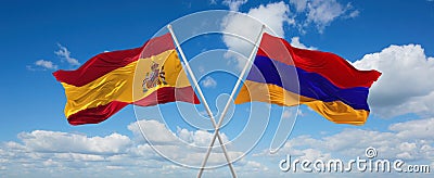 two crossed flags Armenia and spain waving in wind at cloudy sky. Concept of relationship, dialog, travelling between two Cartoon Illustration