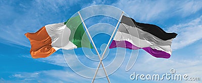 two crossed flags asexuality Pride and Ireland waving in wind at cloudy sky. Concept of relationship, dialog, travelling between Cartoon Illustration