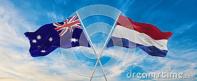 two crossed flags Australia and Netherland waving in wind at cloudy sky. Concept of relationship, dialog, travelling between two Cartoon Illustration