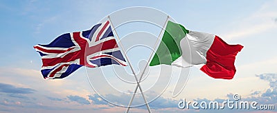 two crossed flags Great Britain and Italy waving in wind at cloudy sky. Concept of relationship, dialog, travelling between two Cartoon Illustration