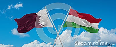 two crossed flags Hungary and Qatar waving in wind at cloudy sky. Concept of relationship, dialog, travelling between two Cartoon Illustration