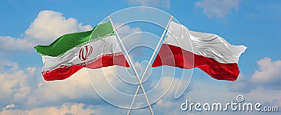 two crossed flags Iran and Poland waving in wind at cloudy sky. Concept of relationship, dialog, travelling between two countries Cartoon Illustration