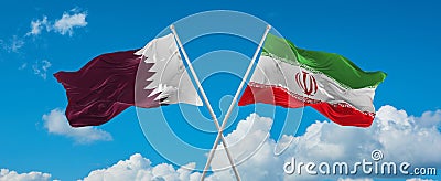 two crossed flags Iran and Qatar waving in wind at cloudy sky. Concept of relationship, dialog, travelling between two countries Cartoon Illustration