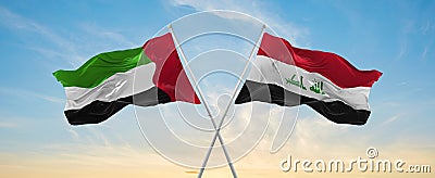 two crossed flags Iraq and United Arab Emirates waving in wind at cloudy sky. Concept of relationship, dialog, travelling between Cartoon Illustration