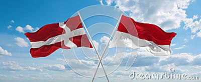 two crossed flags Monaco and Denmark waving in wind at cloudy sky. Concept of relationship, dialog, travelling between two Cartoon Illustration