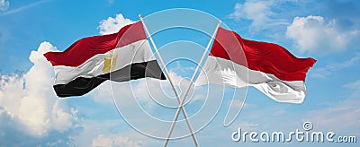 two crossed flags Monaco and Egypt waving in wind at cloudy sky. Concept of relationship, dialog, travelling between two countries Cartoon Illustration