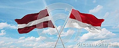 two crossed flags Monaco and Latvia waving in wind at cloudy sky. Concept of relationship, dialog, travelling between two Cartoon Illustration