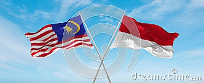 two crossed flags Monaco and Malaysia waving in wind at cloudy sky. Concept of relationship, dialog, travelling between two Cartoon Illustration