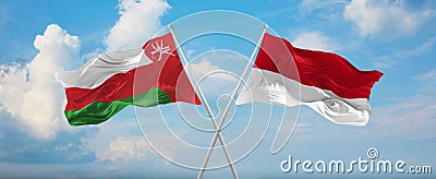 two crossed flags Monaco and Oman waving in wind at cloudy sky. Concept of relationship, dialog, travelling between two countries Cartoon Illustration