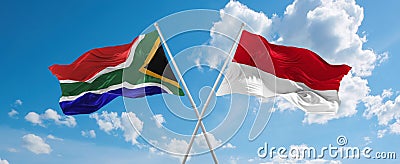 two crossed flags Monaco and South Africa waving in wind at cloudy sky. Concept of relationship, dialog, travelling between two Cartoon Illustration