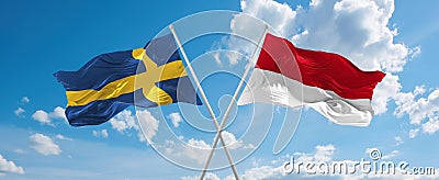 two crossed flags Monaco and Sweden waving in wind at cloudy sky. Concept of relationship, dialog, travelling between two Cartoon Illustration