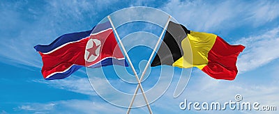 two crossed flags North Korea and Belgium waving in wind at cloudy sky. Concept of relationship, dialog, travelling between two Cartoon Illustration