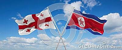 two crossed flags North Korea and Georgia waving in wind at cloudy sky. Concept of relationship, dialog, travelling between two Cartoon Illustration