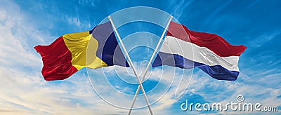 two crossed flags romania and Netherland waving in wind at cloudy sky. Concept of relationship, dialog, travelling between two Cartoon Illustration