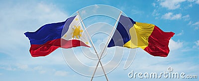 two crossed flags romania and Philippines waving in wind at cloudy sky. Concept of relationship, dialog, travelling between two Cartoon Illustration