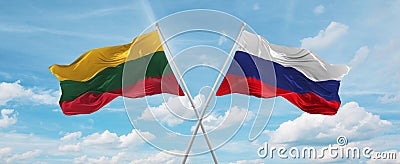 two crossed flags Russia and Lithuania waving in wind at cloudy sky. Concept of relationship, dialog, travelling between two Cartoon Illustration